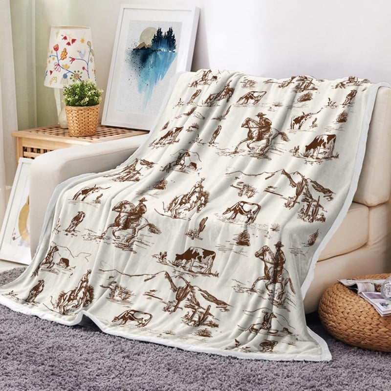 Bzhilja Western Cowboy Throw Blankets, Wild West Cowboy Ride Horse Desert Cactus Cozy Warm Bed Couch Blanket, Farmhouse Country American West Theme Fleece Flannel Throws to Decorate the Room and Bedroom - Image 1